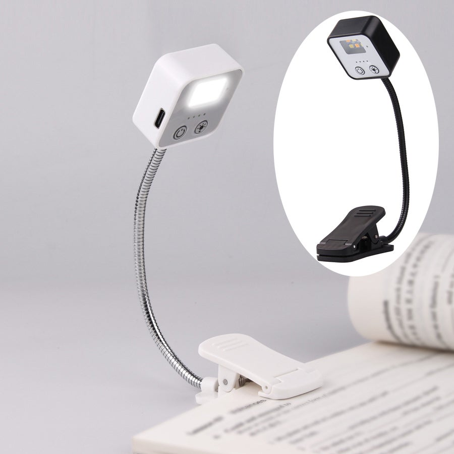 2 mini akumulatorowe lampki do czytania z klipsem, przenośne lampki LED do czytania, światło trójkolorowe, czarno-białe