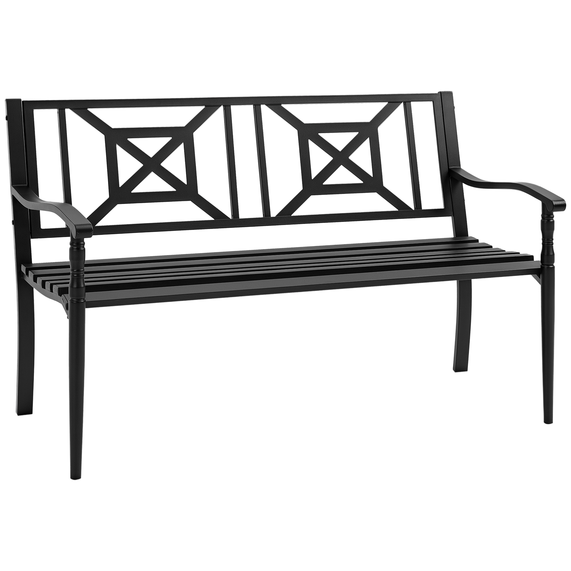 Dwuosobowa ławka ogrodowa z podłokietnikami i oparciem, o udźwigu 240 kg, wymiarach 128 x 62,5 x 81,5 cm, w kolorze czarnym.