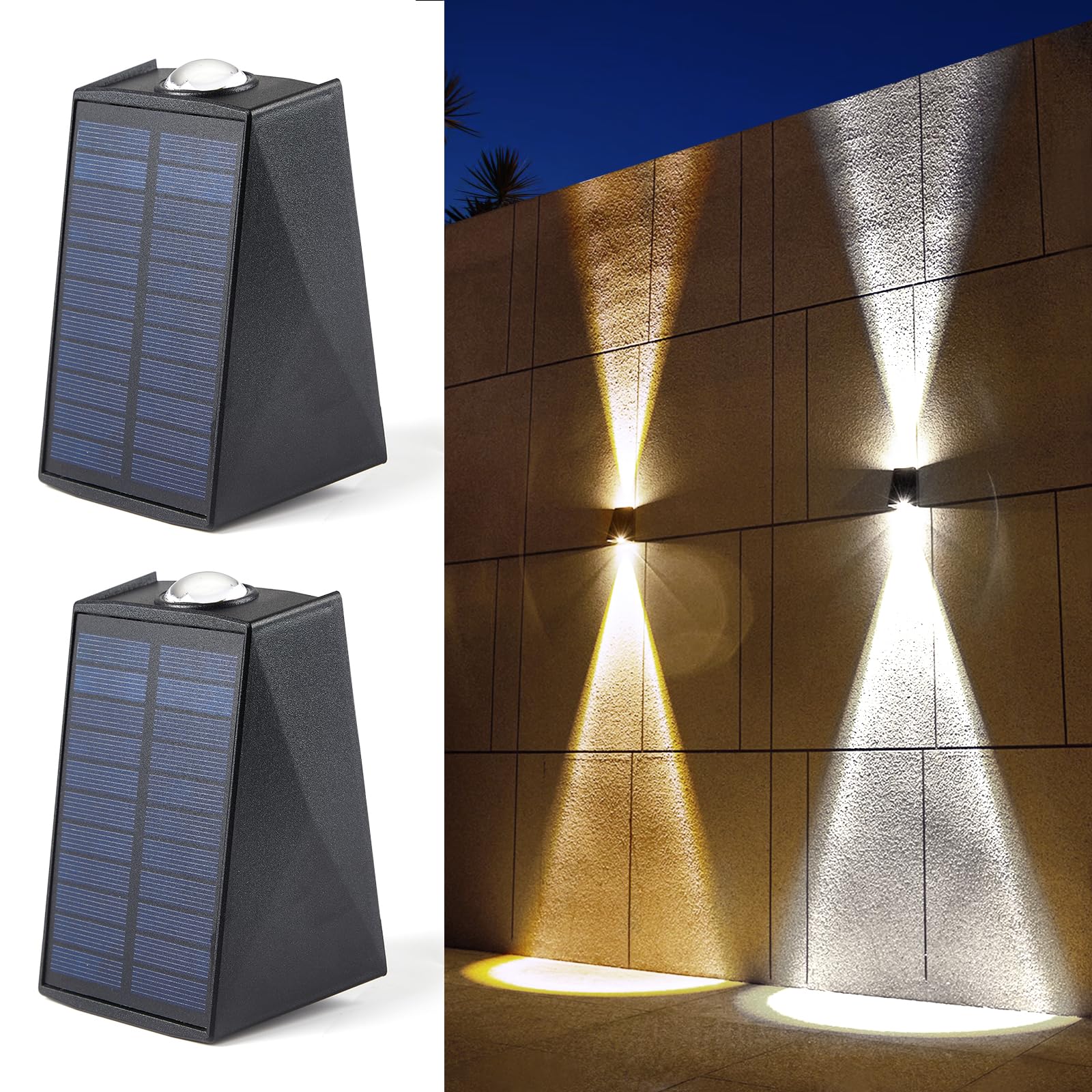 Zewnętrzne solarne kinkiety, 1200 mAh, 3000/6500 K, wodoodporne IP65, do ogrodzenia, werandy, patio, garażu, pergoli, ogrodu (dwukolorowy, zestaw 2)