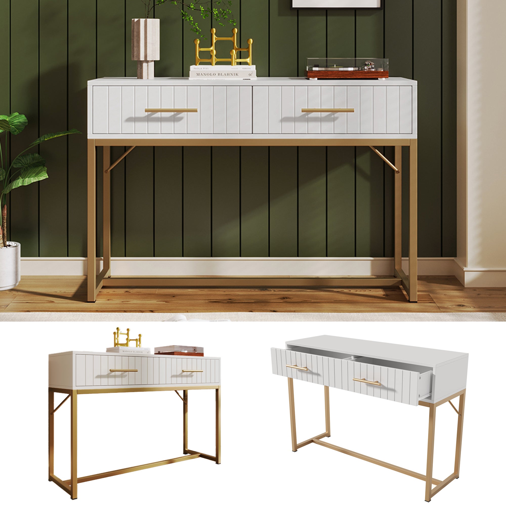 Toaletka z 2 szufladami, komoda - 100 x 45 x 75 cm - do sypialni - Płyta wiórowa i nogi metalowe - Kolor biały