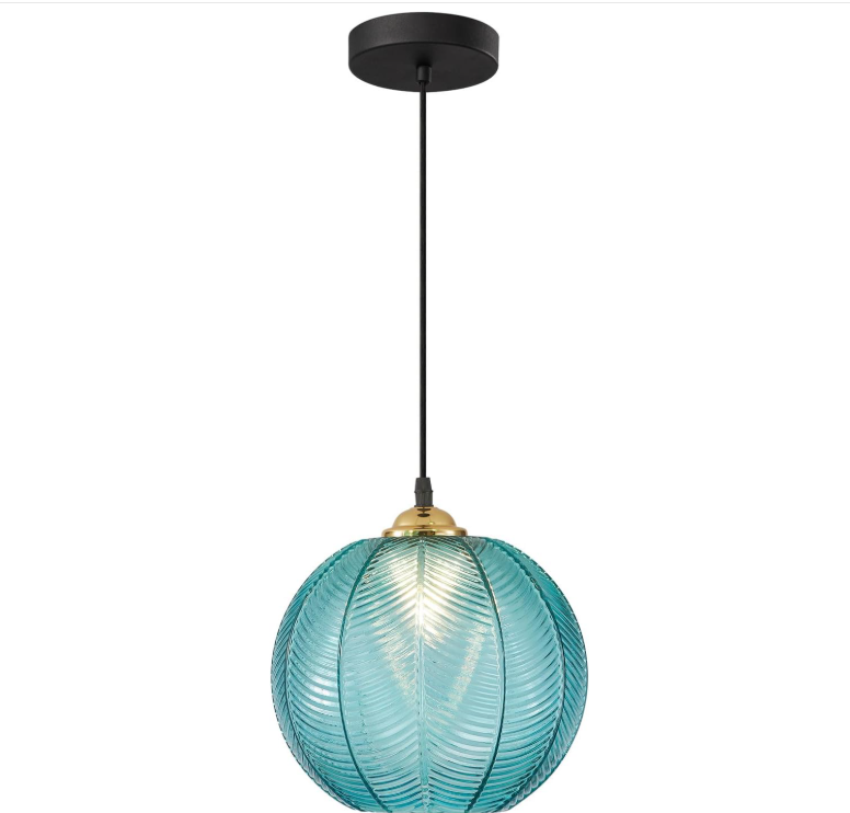 Niebieska lampa wisząca ze szkła, duża kula, lampa wisząca do kuchennej wyspy lub jadalni, okrągła czarna lampa wisząca do sufitu