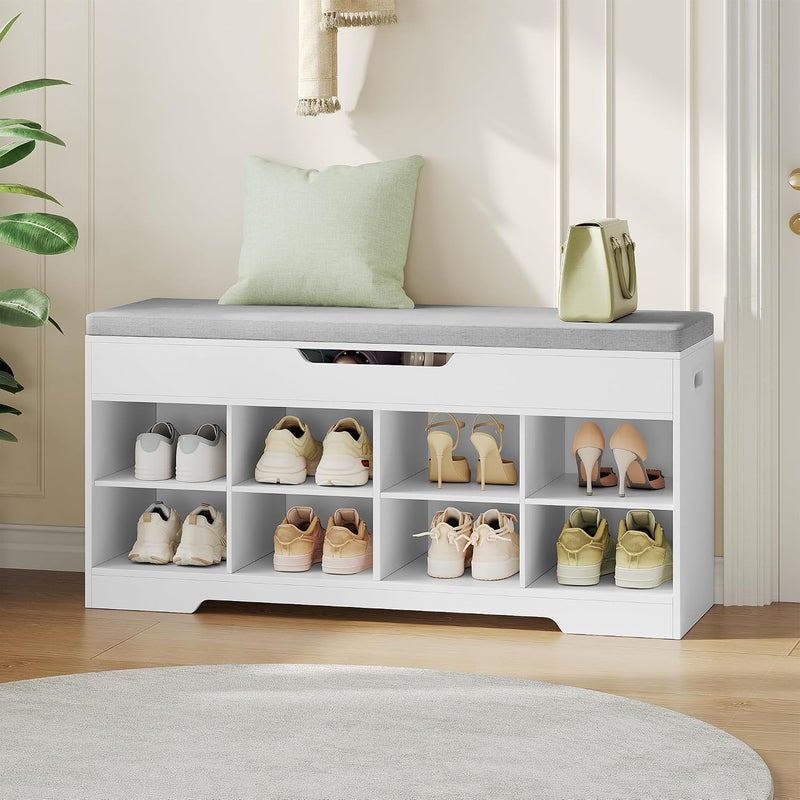 Ławka na Buty z Przechowywaniem, 104 x 32 x 50 cm, Biały Lniany 8 Otwartych Schowków, Ukryta Przestrzeń do Przechowywania Pod Siedziskiem