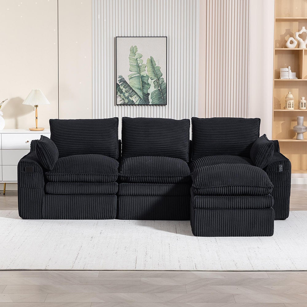 Trzyosobowa sofa (z podnóżkiem), z aksamitu w prążki, z poduszkami i kieszeniami bocznymi, wypełnienie piankowe i sprężynowe, czarna