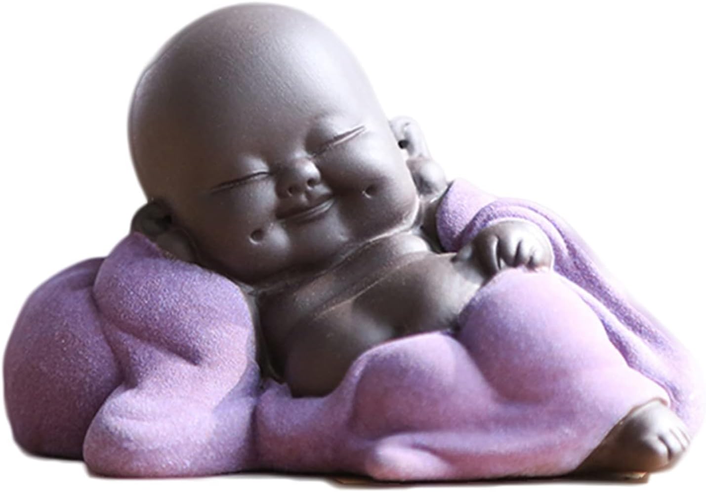 Ceramiczny śmiejący się Budda Maitreja, siedzący posąg Buddy Szczęścia, dekoracja do ogrodu i wnętrz, miniaturowa ozdoba w kolorze liliowym