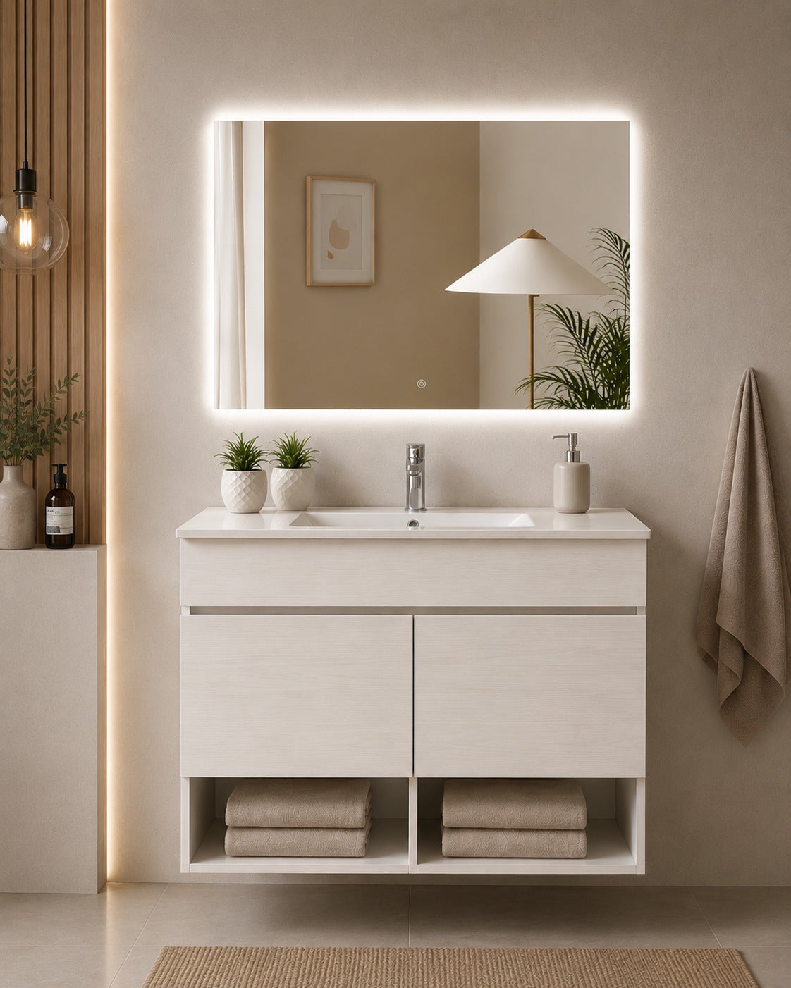 Wisząca szafka łazienkowa z umywalką ORIGENBATH NEBARI z drzwiami 120x45 cm 1 umywalka biały nordycki