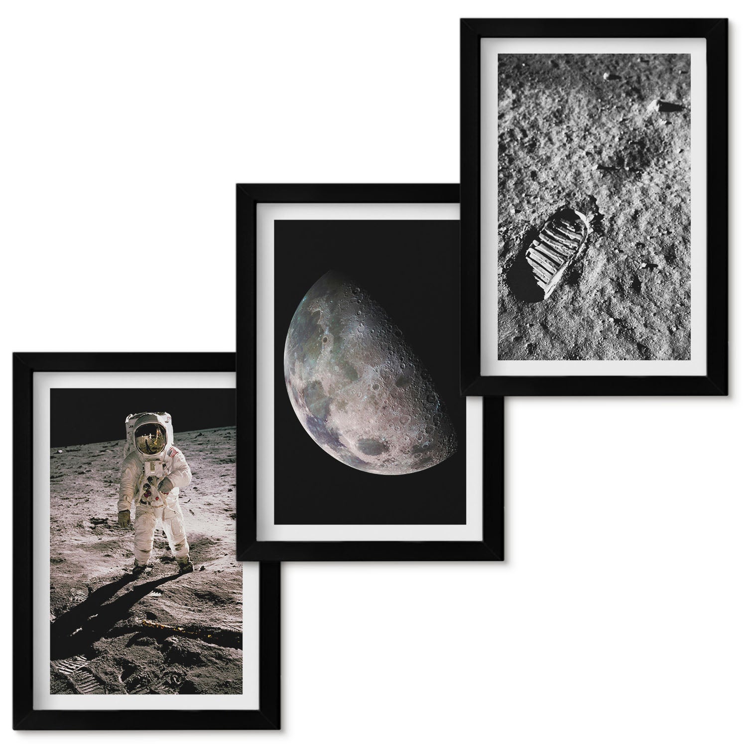 Zestaw obrazów w ramie - 3 części | Astronauta na Księżycu ślad stopy zdjęcia | Czarna ramka
