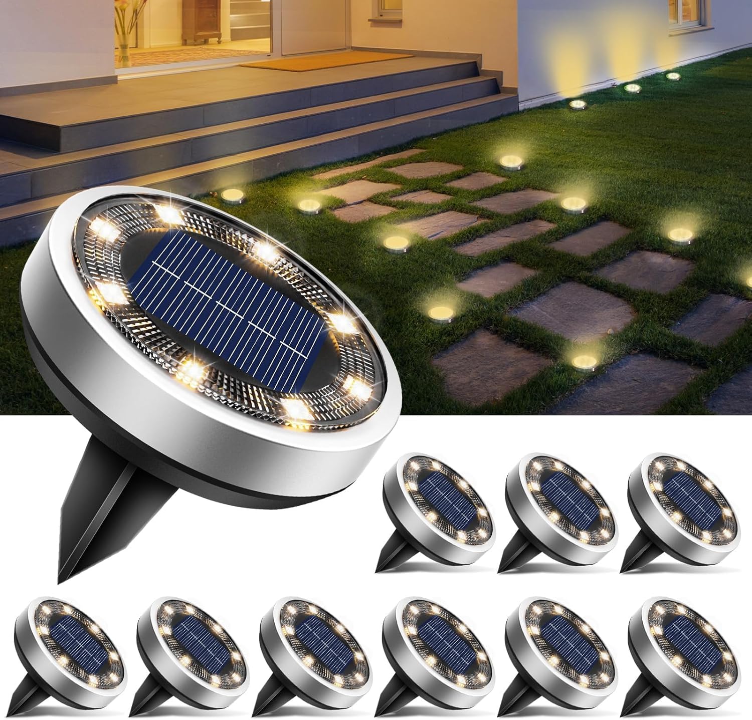 Zestaw 10 wodoodpornych lamp ogrodowych LED z zasilaniem solarnym, IP44, o ciepłej białej barwie, do ścieżek, trawników, tarasów i basenów