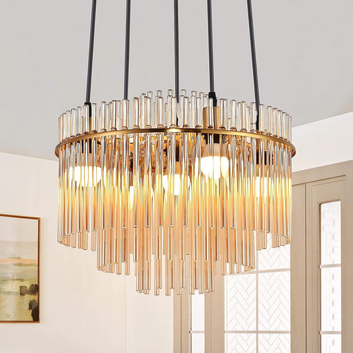 Nowoczesna złota lampa wisząca Nettlife, szklana lampa wisząca z 5 żarówkami i gniazdem E14, okrągła, Ø 40 cm, do kuchni (bez żarówek).