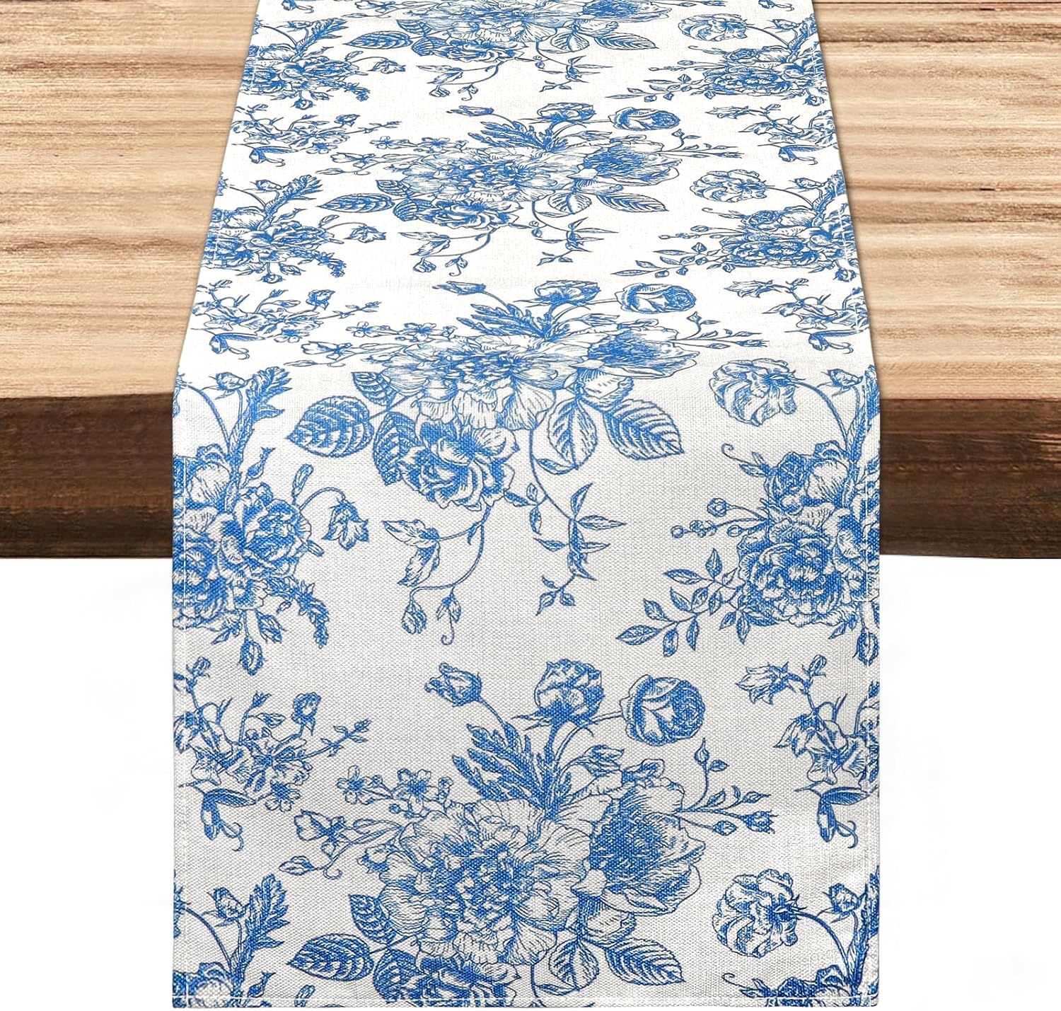 Bieżnik na stół Blue Rose Monochrome Sketch (33x183 cm) Vintage Cotton and Burlap Roll, dekoracja na stolik kawowy na wesele, do restauracji