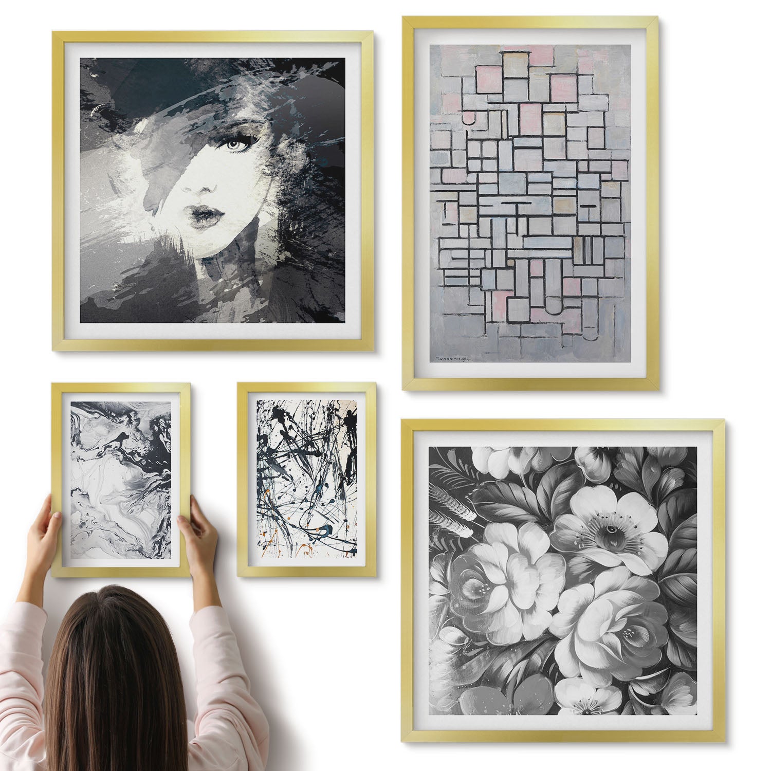 Galeria ścienna 5-częściowy komplet obrazów w złotych ramach - Abstrakcyjne kompozycje z kwiatami i portretami w stylu nowoczesnym - ArtPrintCave