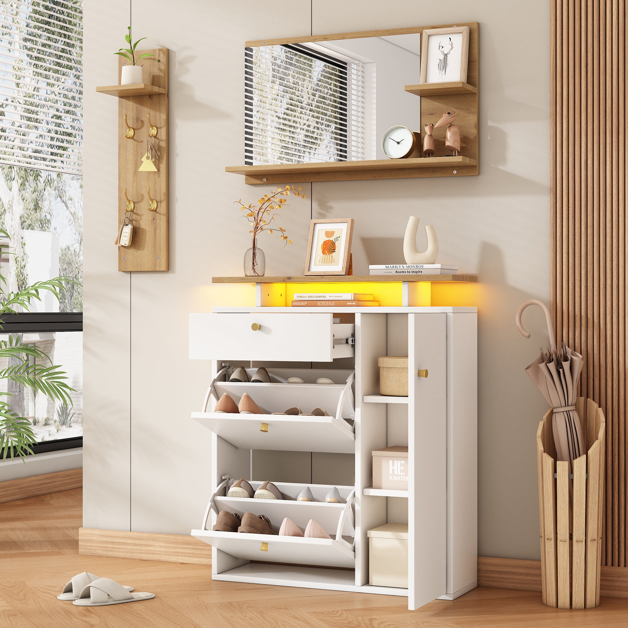Zestaw szafek na buty z lustrem i wieszakiem na kapelusze - 3 drzwi i 1 szuflada - 105 x 25 x 151,5 cm - diody LED - płyta wiórowa - kolor biały