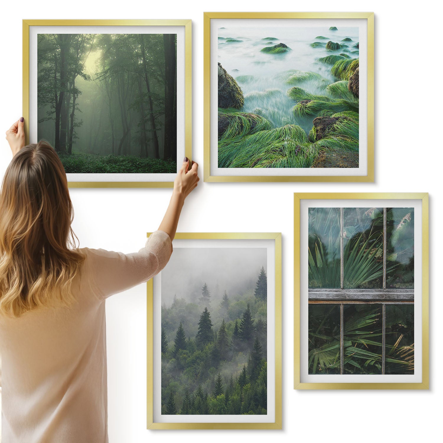 Galeria ścienna 4-częściowy komplet obrazów w złotych ramach - Las we mgle brzeg rzeki i szklarnia z roślinami - ArtPrintCave