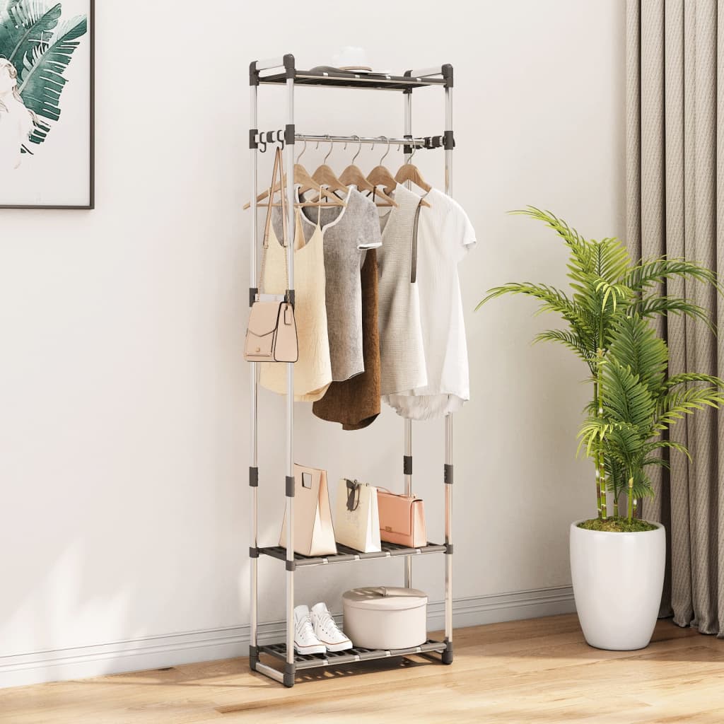 Wieszak na ubrania z 3 półkami, srebrny 59x29x192 cm, aluminium vidaXL