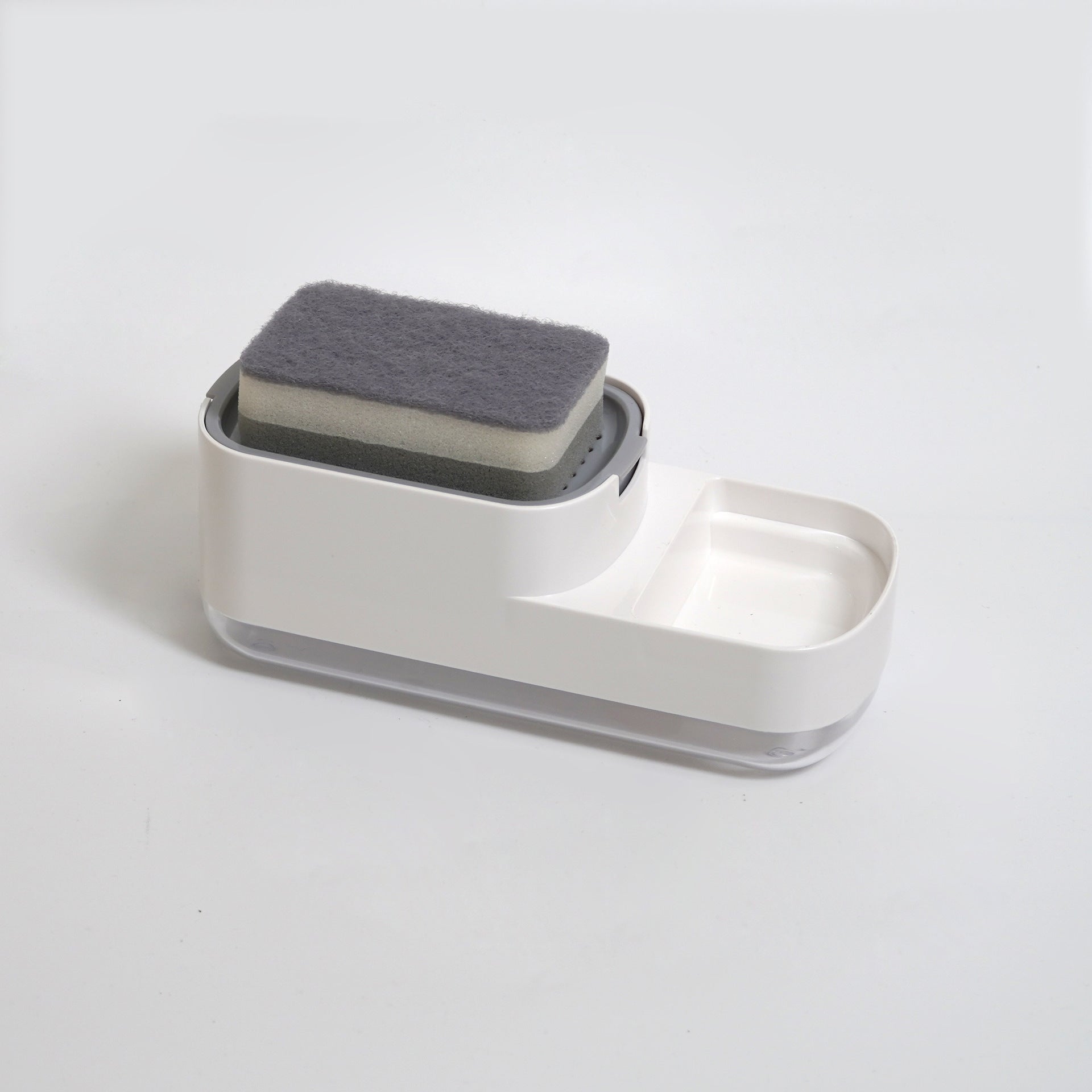 Dozownik do mydła w płynie wykonany z plastiku z uchwytem na gąbkę do zlewu kuchennego, gąbka w zestawie (Modern White 2-in-1)