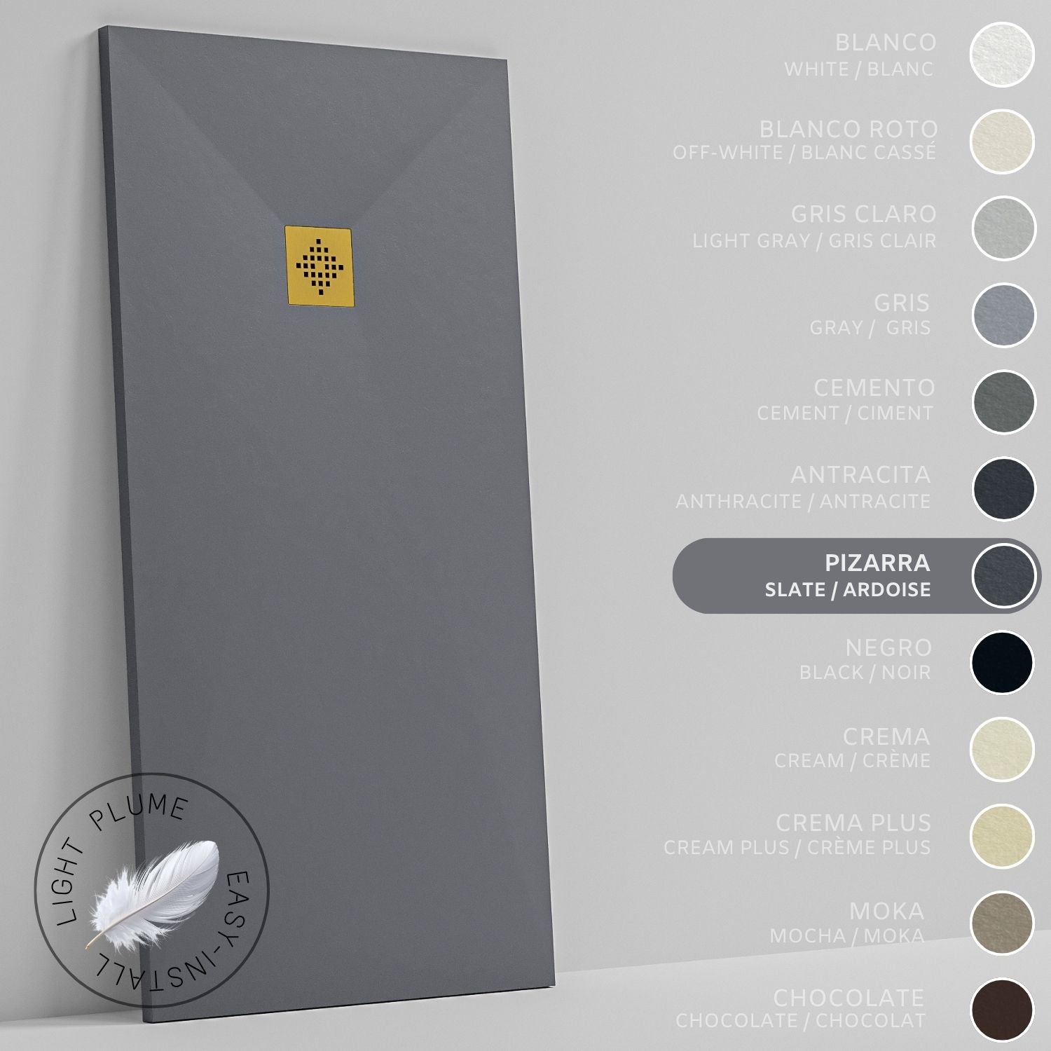 SOULHOME Lekki Brodzik z Żywicy tekstura Łupka łupkowy – 120x90- cm Ultra-płaski Zawiera Syfon i Kratkę Gold