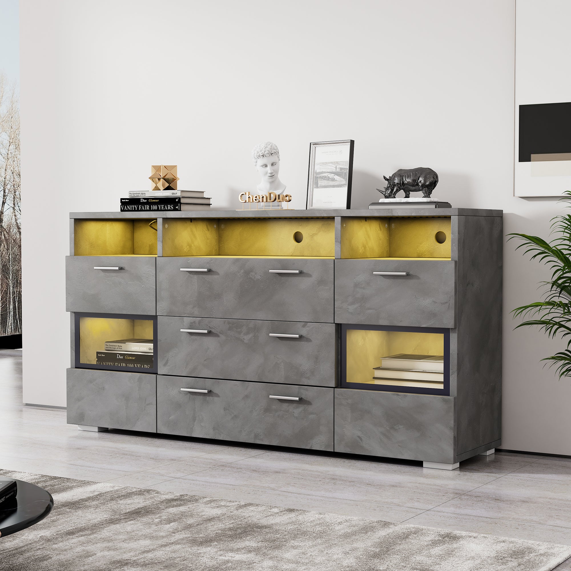 Komoda niska z 2 drzwiami akrylowymi i 3 szufladami - 140 x 33,5 x 72,5 cm - Diody LED - Płyta wiórowa - Szara