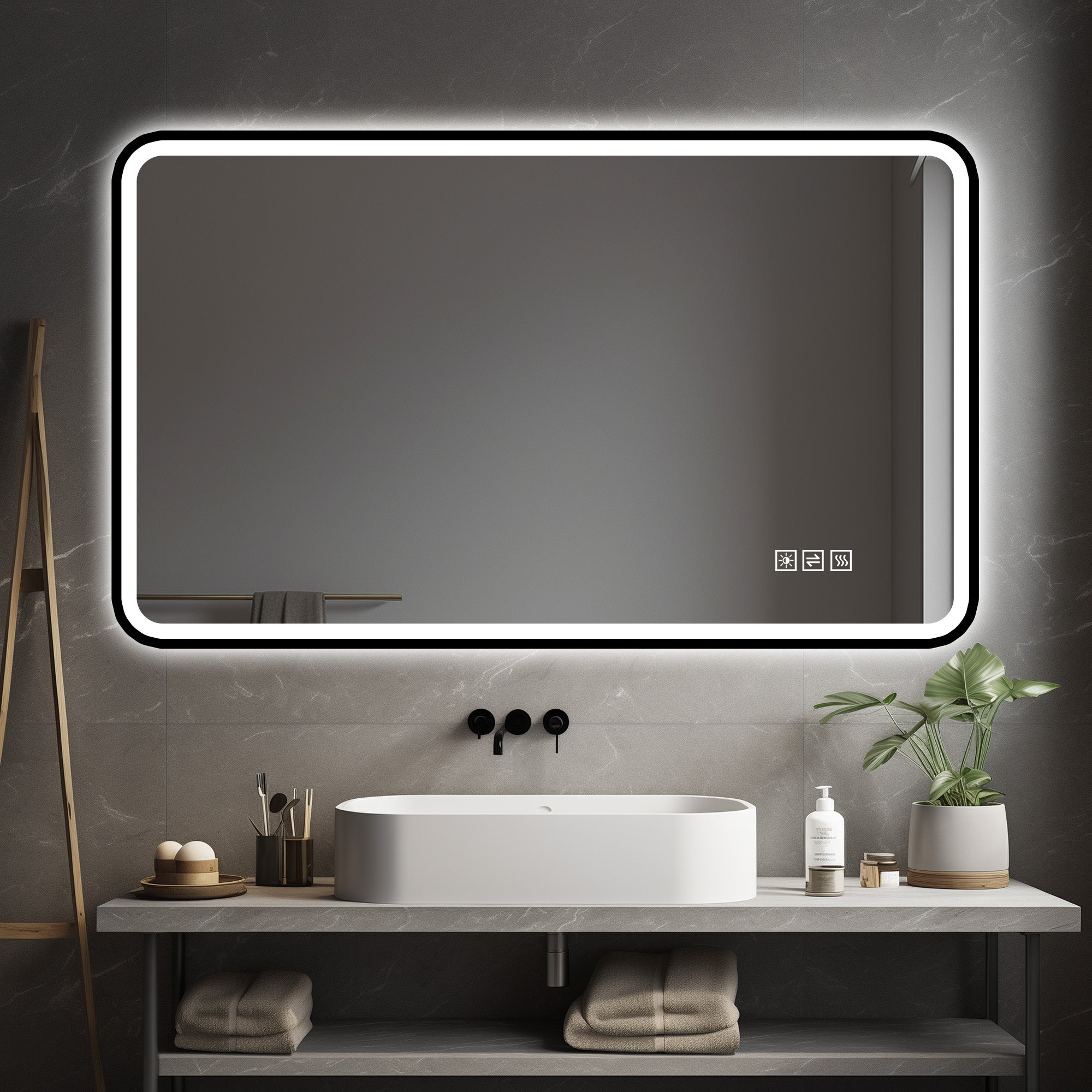 Lustro łazienkowe LED 60×100cm z czarną aluminiową ramą, przód i podświetlenie, przeciwmgielne, 3 jasne kolory, możliwość ściemniania, funkcja pamięci