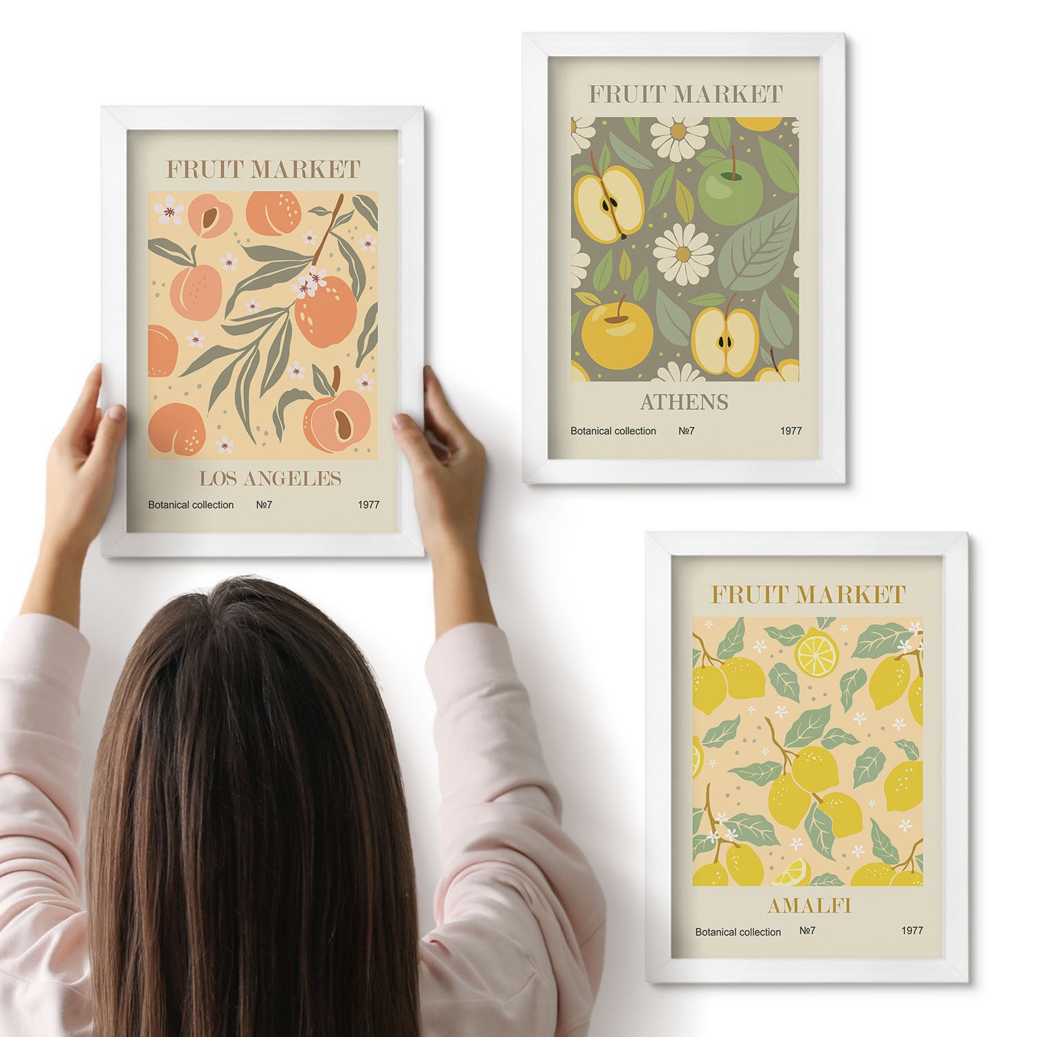 Galeria ścienna 3-częściowy komplet obrazów w białych ramach - Owocowe wzory postery w retro stylu - ArtPrintCave