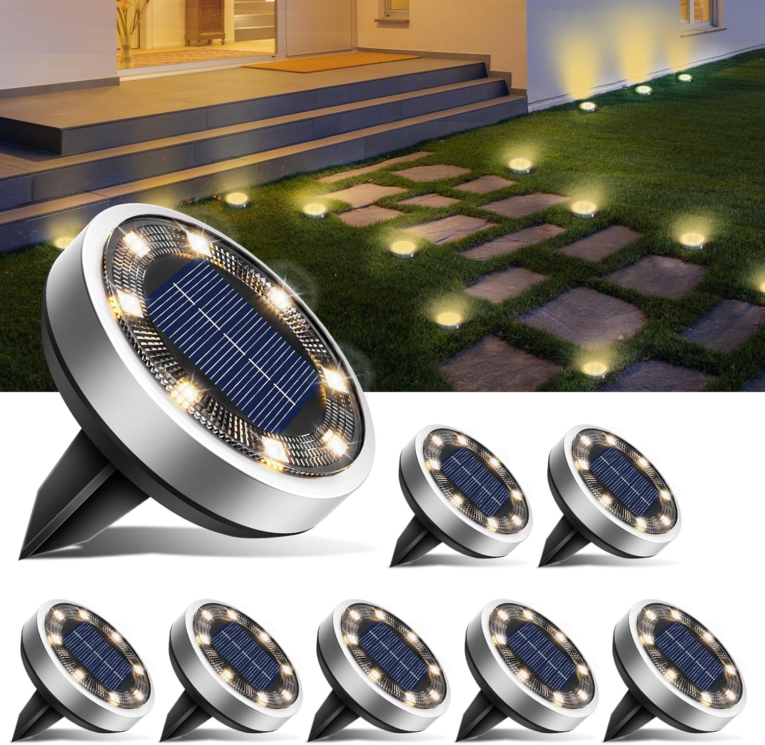 Zestaw 8 lamp solarnych do gruntu, solarne lampy ogrodowe LED do użytku na zewnątrz, wodoodporność IP44, ciepła biel