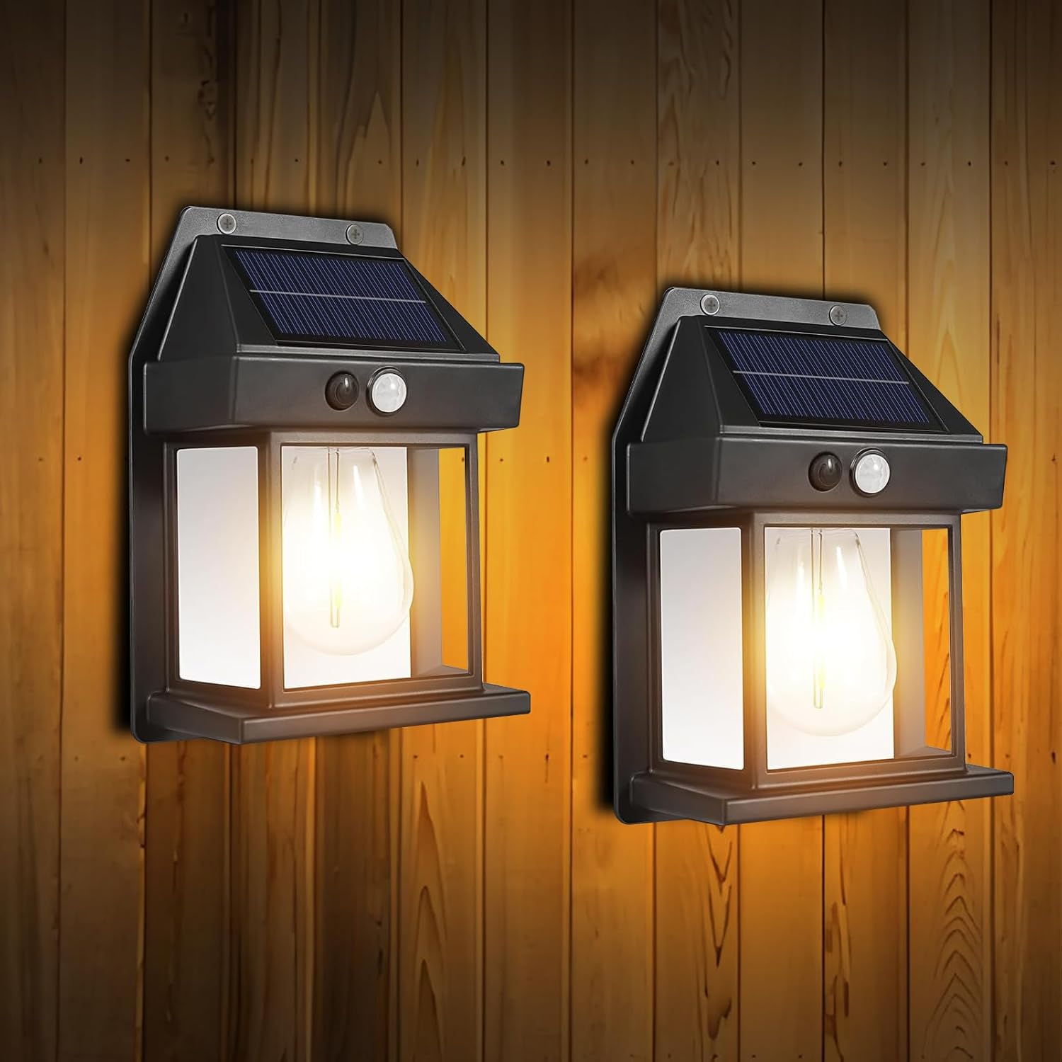 Zestaw 2 lamp solarnych IP65 czarnych, czujnik ruchu, 3 tryby, do użytku zewnętrznego.