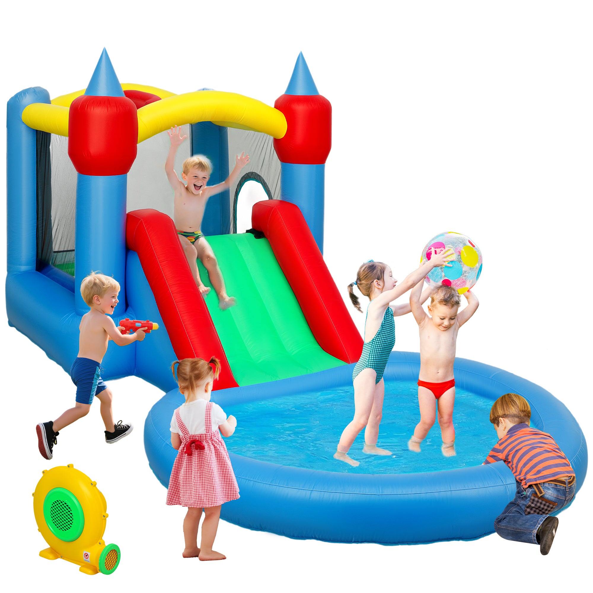 Dmuchany zamek 4 w 1, trampolina, zjeżdżalnia, 415x205x190 cm, wielokolorowy