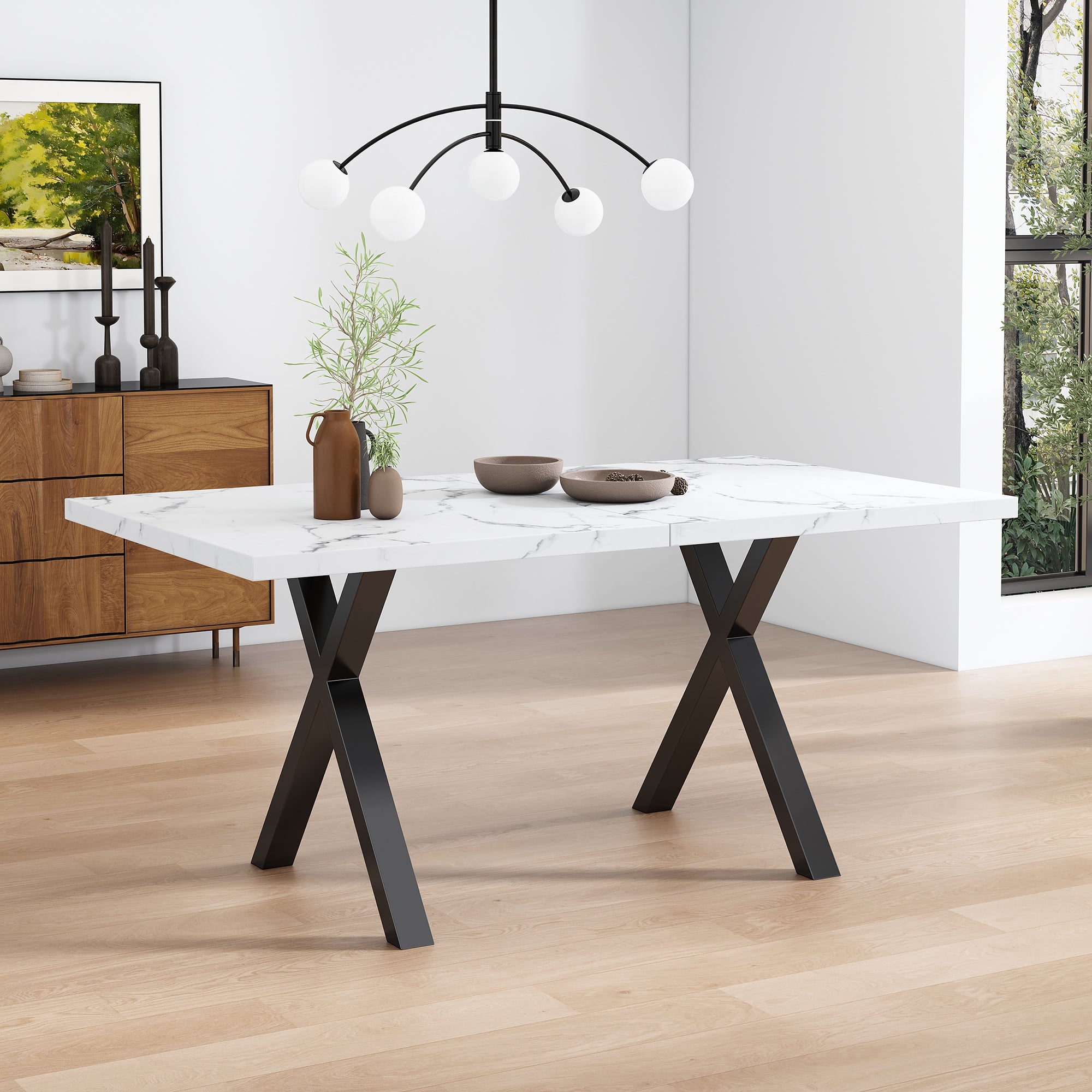 Stół jadalny prostokątny dla 4-6 osób - 140 x 80 x 76 cm - Płyta MDF i metal - Wzór marmuru - Biały + czarny