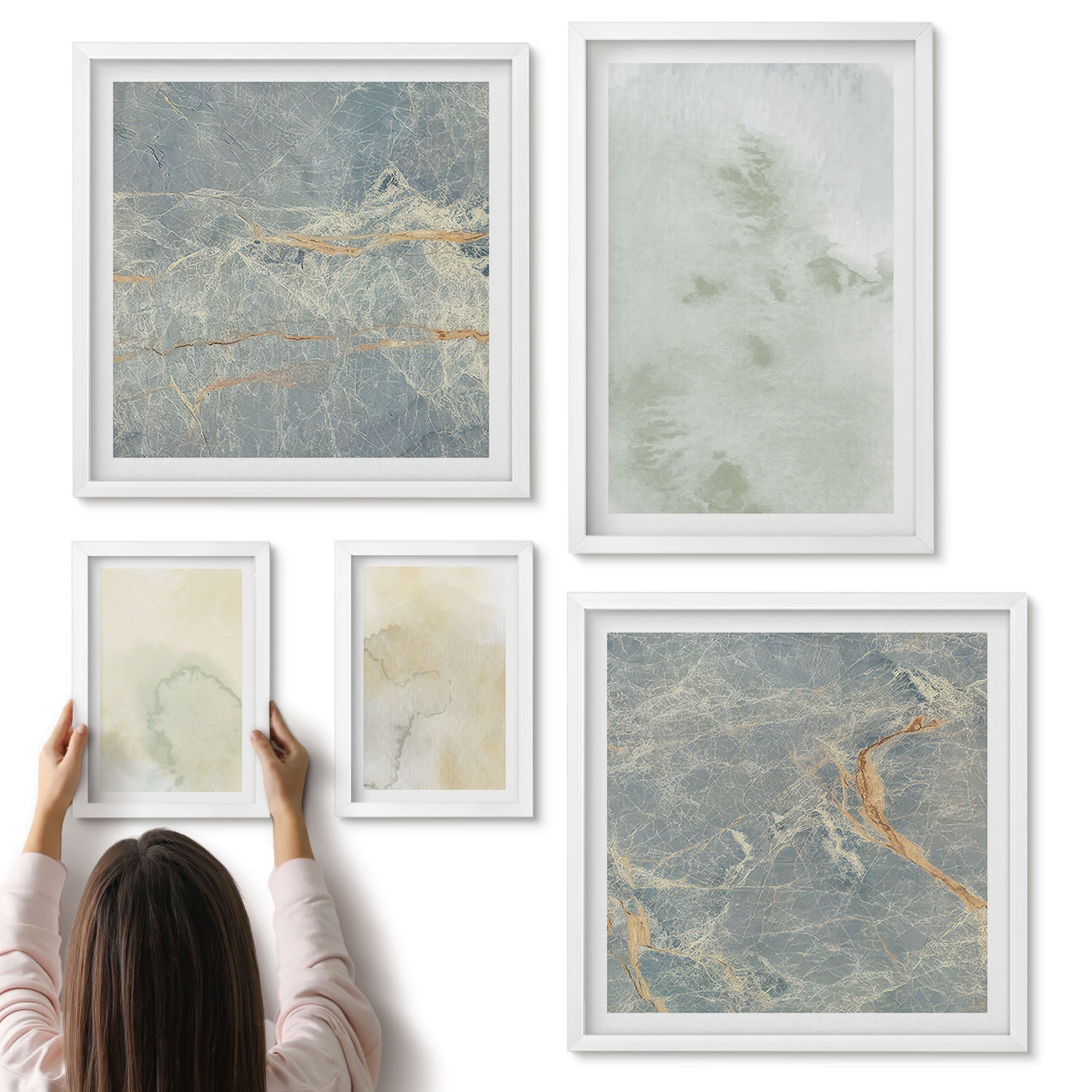 Galeria ścienna 5-częściowy komplet obrazów w białych ramach - Pastelolwe akwarele na płótnie tekstury farb - ArtPrintCave
