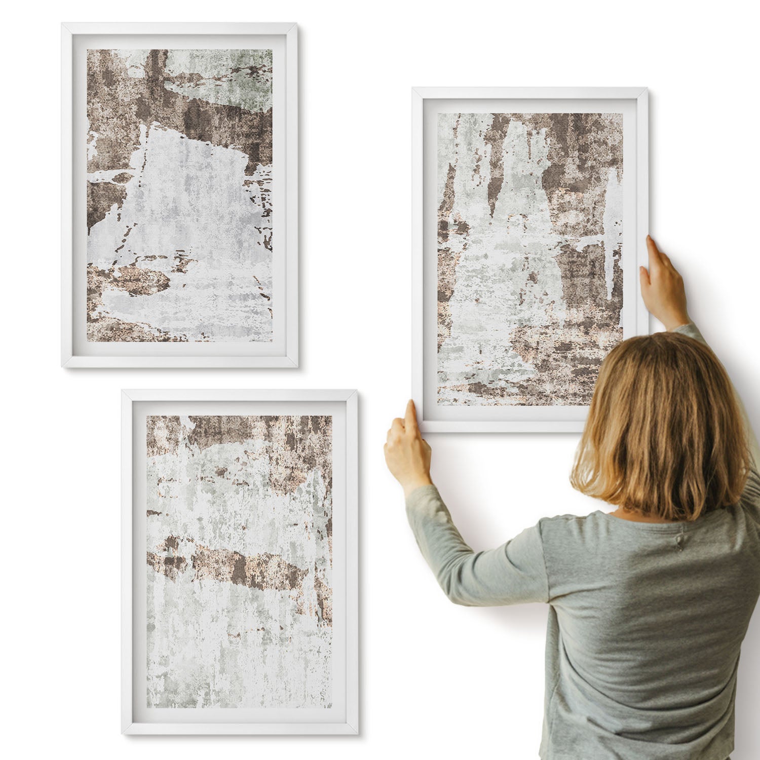 Galeria ścienna 3-częściowy komplet obrazów w białych ramach - Abstrakcyjne wzory w odcieniach bieli i brązu - ArtPrintCave