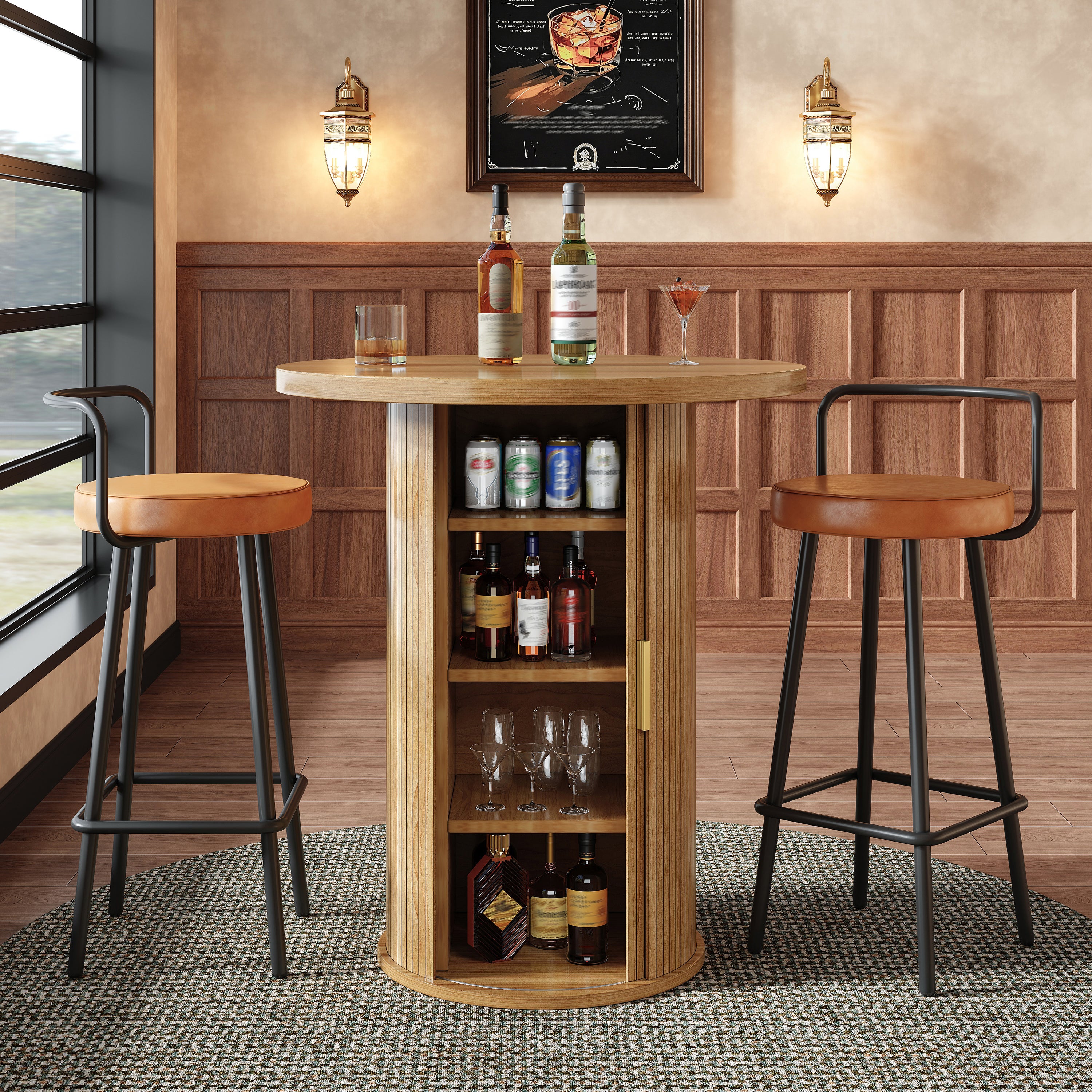 Okrągły stół barowy z 1 drzwiami przesuwnymi i 4 półkami - 60 x 60 x 91,6 cm - MDF i metal - Wzmocniony blat - Styl kolumnowy - Drewno