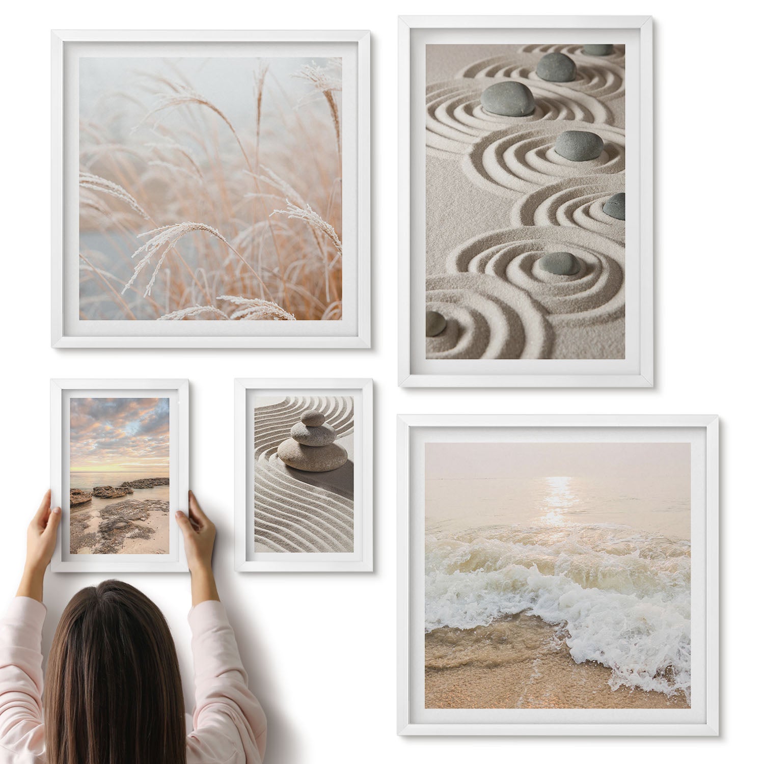 Galeria ścienna 5-częściowy komplet obrazów w białych ramach - Relaksujące pejzaże natury z kamieniami i falami morskimi - ArtPrintCave