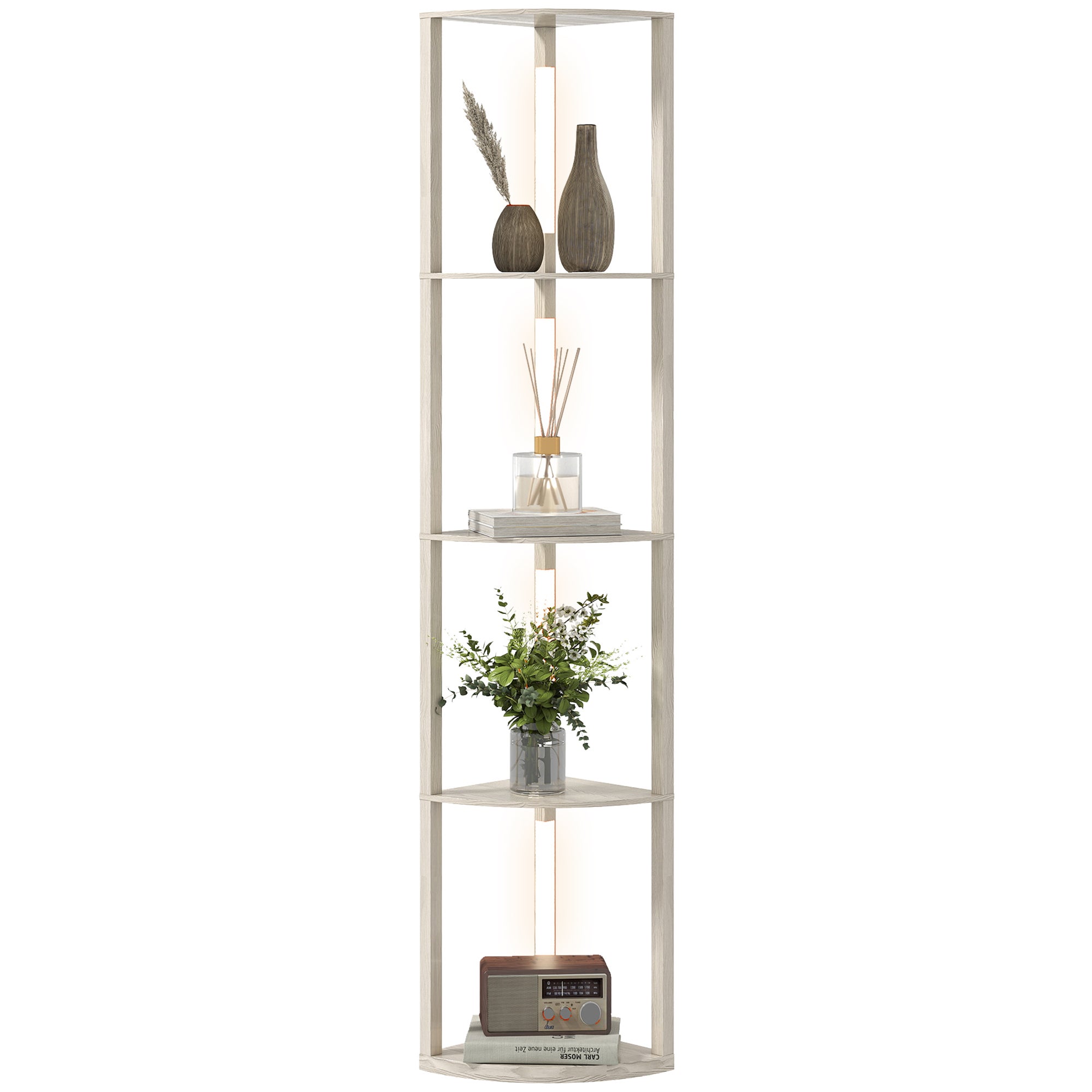 Lampa narożna LED podłogowa, półka ściemnialna, 4 półki, ciepłe białe światło, 41 x 30 x 164 cm, dąb