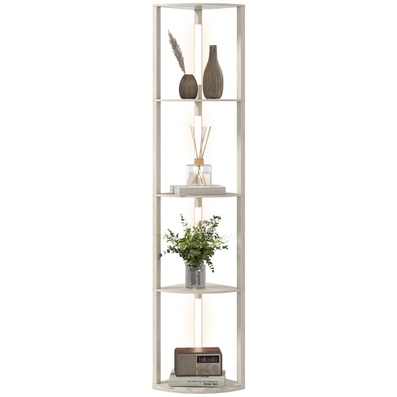Lampa narożna LED podłogowa, półka ściemnialna, 4 półki, ciepłe białe światło, 41 x 30 x 164 cm, dąb