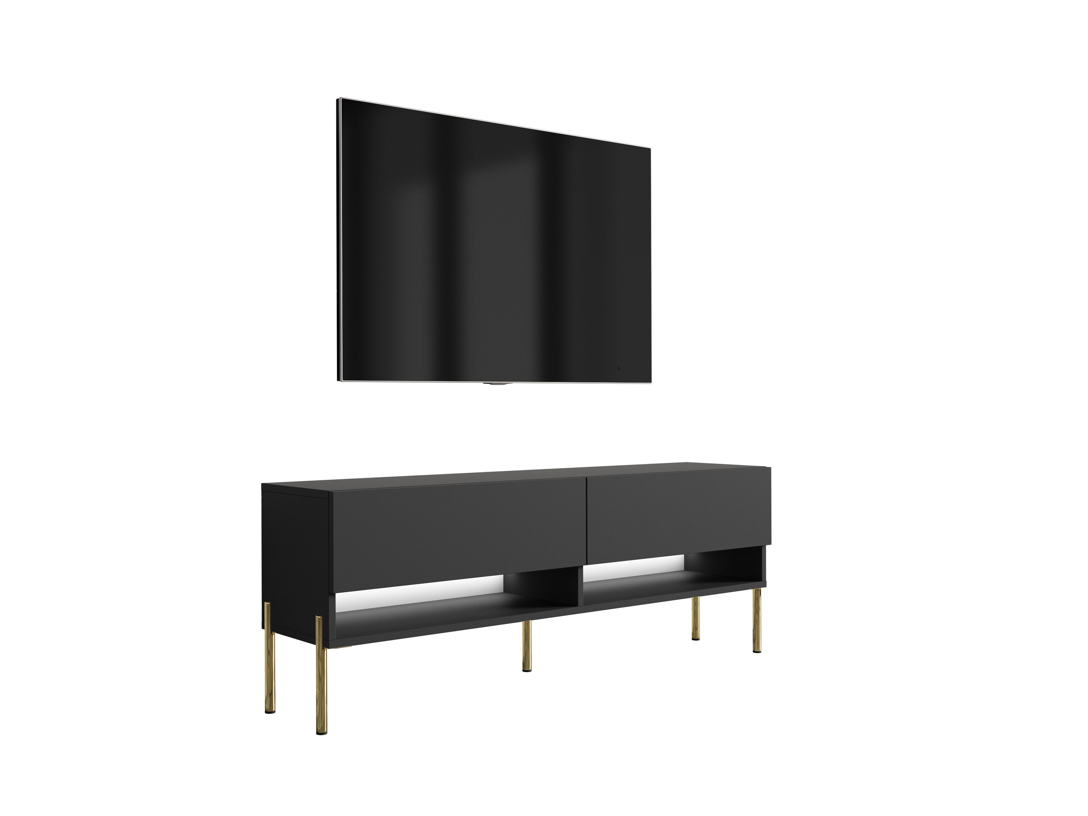 Szafka pod telewizor 140 cm Czarny Mat, nóżki proste złote, LED biały, 140 × 32 × 52 cm