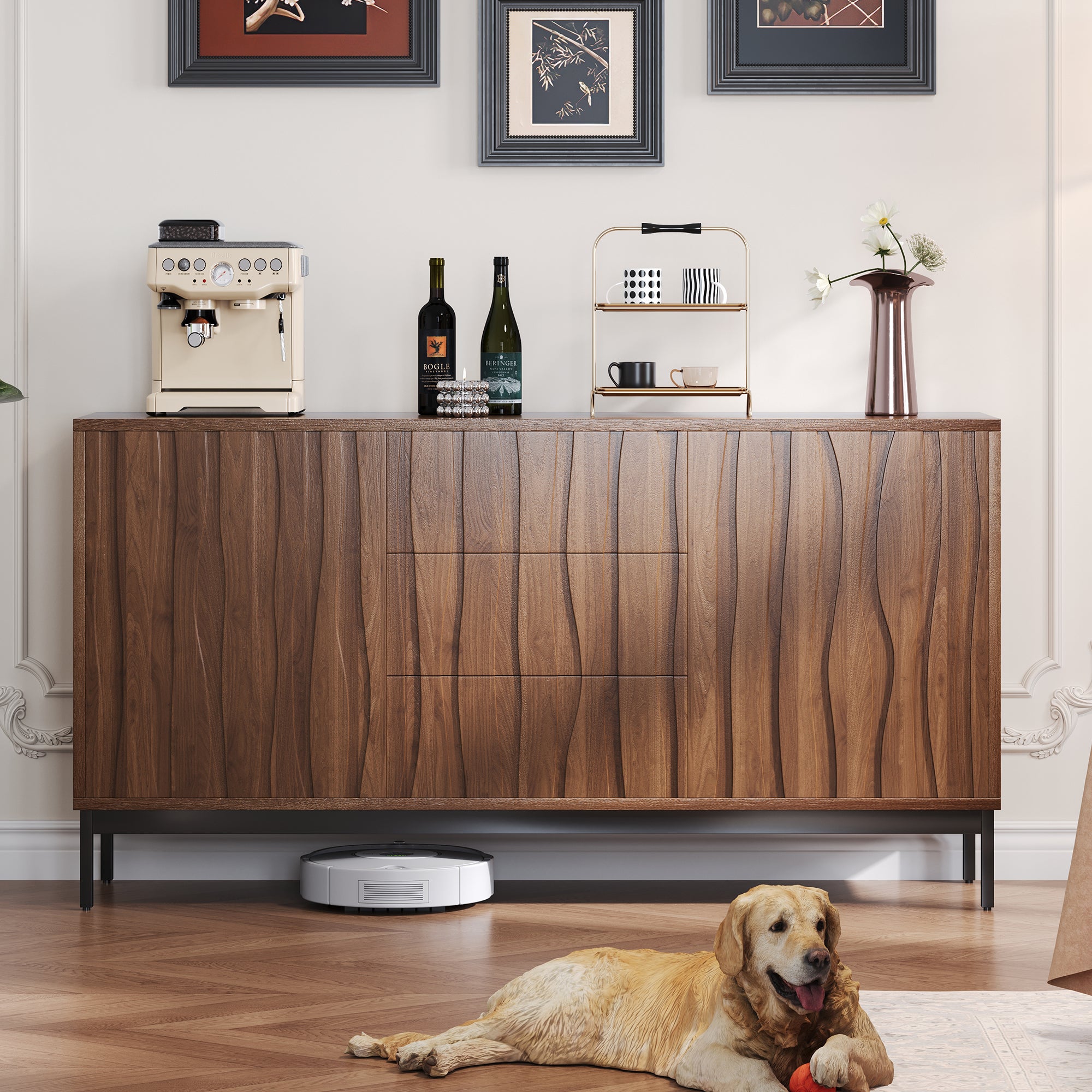 Nowoczesna komoda 150x40x80cm - z 2 drzwiami i 3 szufladami - Brązowa