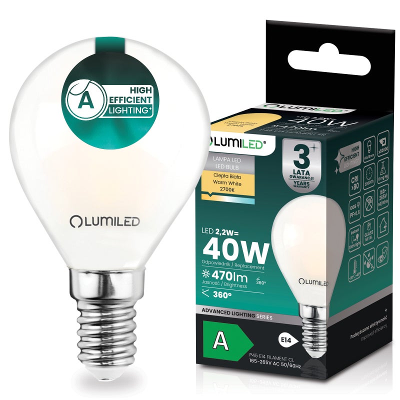 Żarówka LED Lumiled E14 Kulka P45 2.2 W 470 lm 2700K Ciepła biel 360st Filament KLASA A