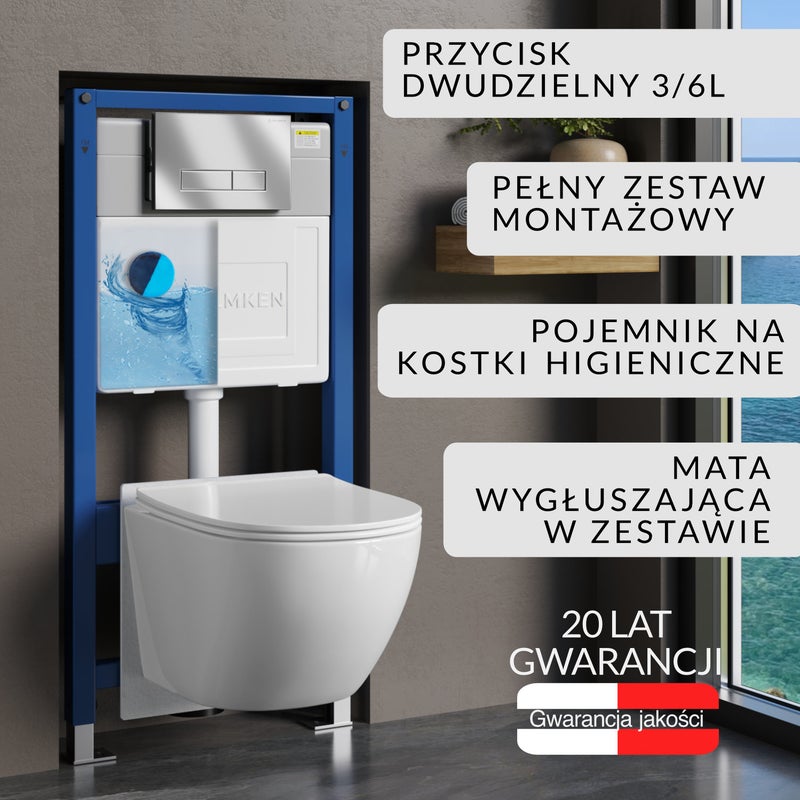 Zestaw podtynkowy WC Helmken 6w1: Stelaż, Satyna (HD) Przycisk, Miska bezkołnierzowa Rimless 35103001, Deska wolnoopadająca, Pojemnik na kostki, Mata