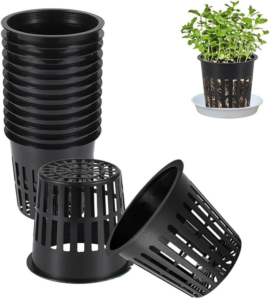 Pots hydroponiczne, 20 sztuk, koszyki hydroponiczne, 8 cm, doniczki z siatki plastikowej, czarne, odpowiednie do uprawy w ogrodzie hydroponicznym