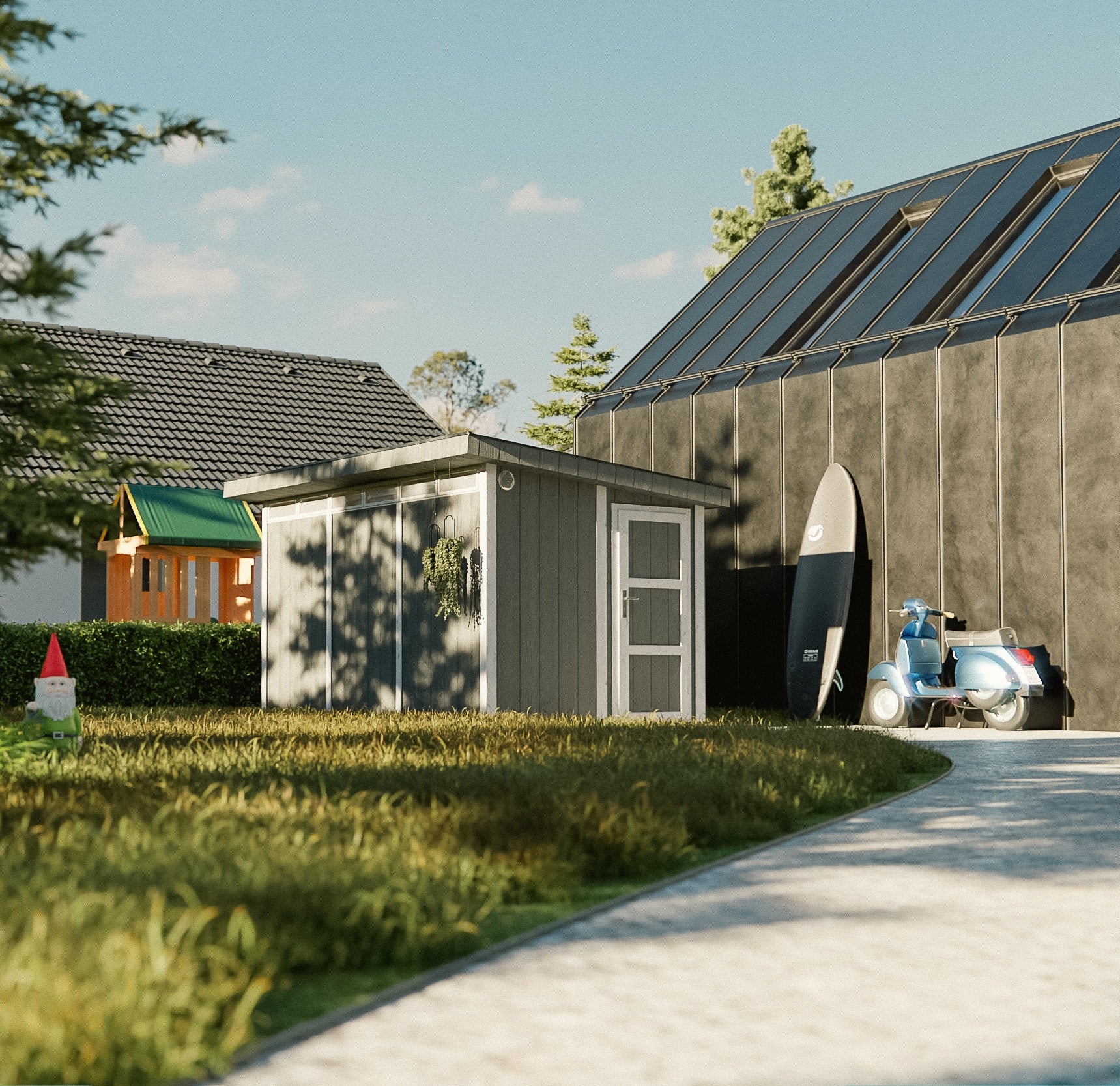 Domek ogrodowy z drewna z płyt LP SmartSide 9 m² - z podłogą i płytkami bitumicznymi Dł. 412 x Szer. 279 x Wys. 237 cm - Timbela M904 - szary tundra