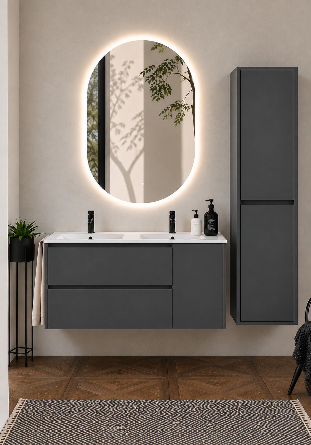 Szafka łazienkowa z umywalką ORIGENBATH ITACA bez lustra 120x45 cm podwójna umywalka grafitowy z kolumną
