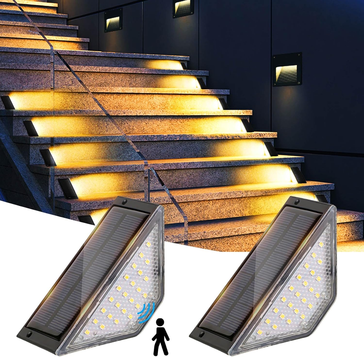 Lampy solarne na schody, 2 zewnętrzne lampy solarne LED, wodoodporne lampy solarne do ogrodu na schody i tarasy