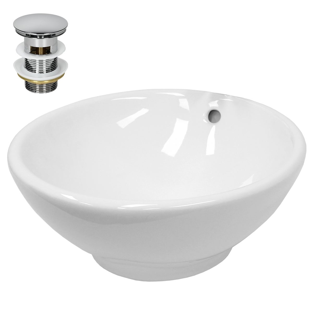 ECD Germany szafka pod umywalke Ø 420 x 170 mm okragla misa ceramiczna w kolorze bialym z odplywem do modeli z przelewem nowoczesna umywalka blatowa