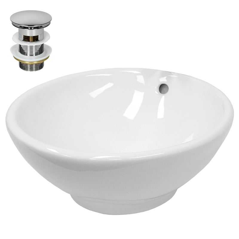 ECD Germany szafka pod umywalke Ø 420 x 170 mm okragla misa ceramiczna w kolorze bialym z odplywem do modeli z przelewem nowoczesna umywalka blatowa