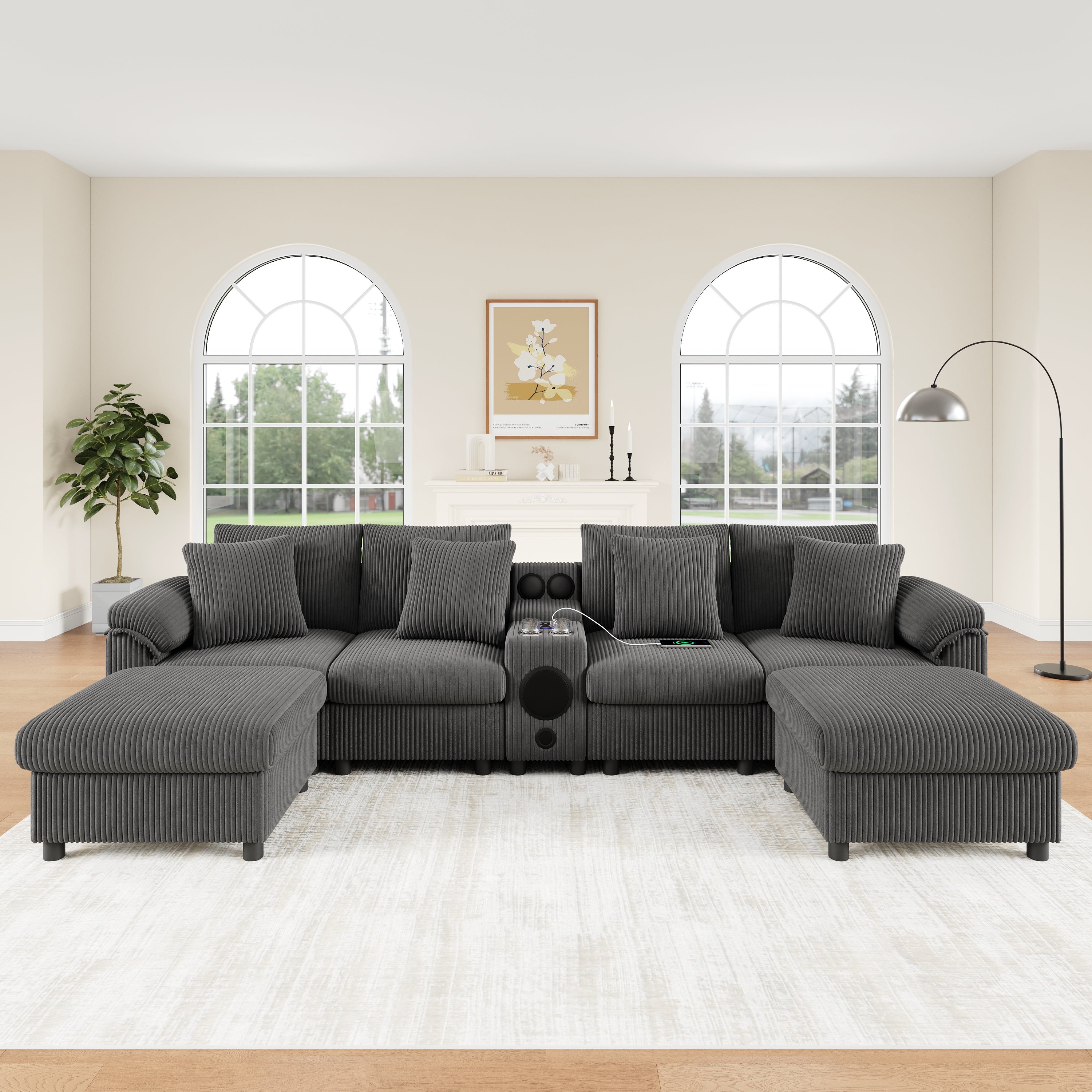 Modułowa sofa narożna z kordu z głośnikiem Bluetooth, ładowarką bezprzewodową, portami USB i uchwytami na kubki - 315,5 x 144 x 84,5 cm - Szara