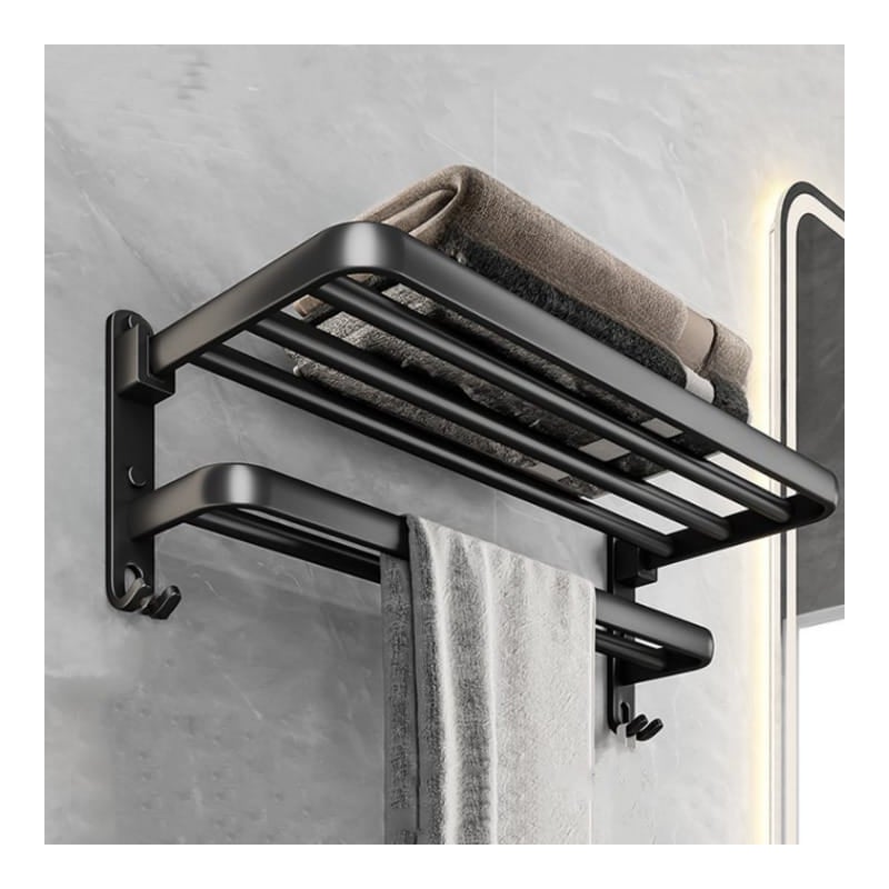 Zestaw do przechowywania w łazience – czarny aluminiowy wieszak na ręczniki – nie wymaga wiercenia – elegancki i praktyczny, 50 cm