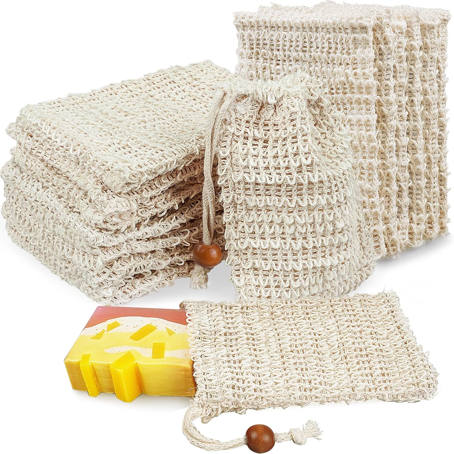 10 saszetek z peelingującym mydłem, naturalne mydło sizalowe w piance, mydelniczka pod prysznic, do masażu i szorowania (14 x 9,4 cm)