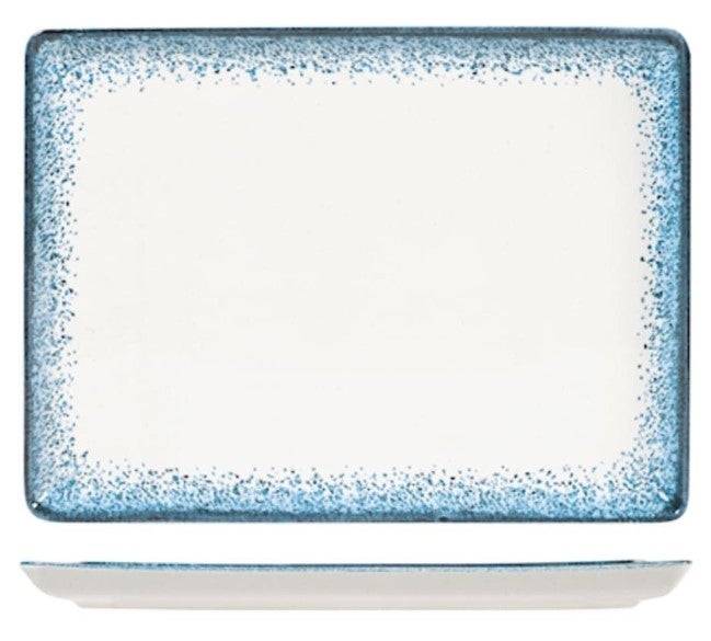 Conjunto de 6 pratos retangulares Jupiter da H&H em porcelana marfim decorados com azul claro, 22x30 cm