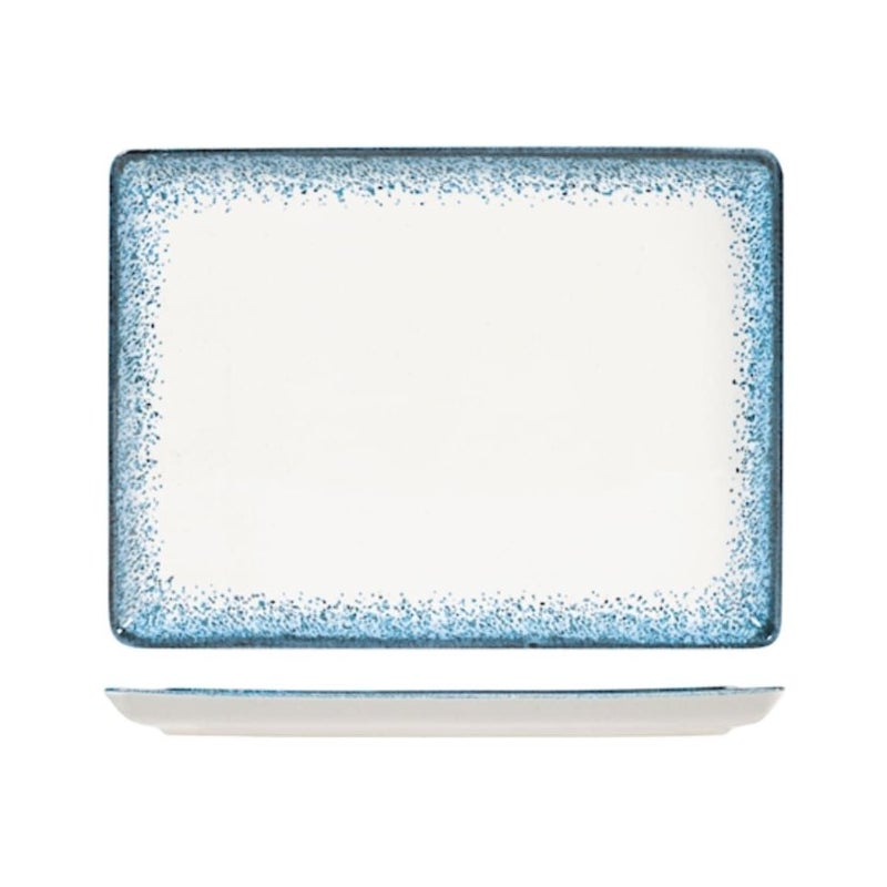 Conjunto de 6 pratos retangulares Jupiter da H&H em porcelana marfim decorados com azul claro, 22x30 cm