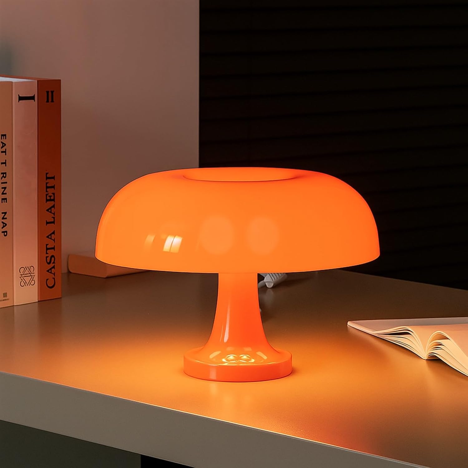 Akumulatorowa lampa stołowa w kształcie grzybka – pomarańczowa, bezprzewodowa lampa dotykowa | Bezprzewodowa lampa zasilana bateryjnie z 3 ściemnialny