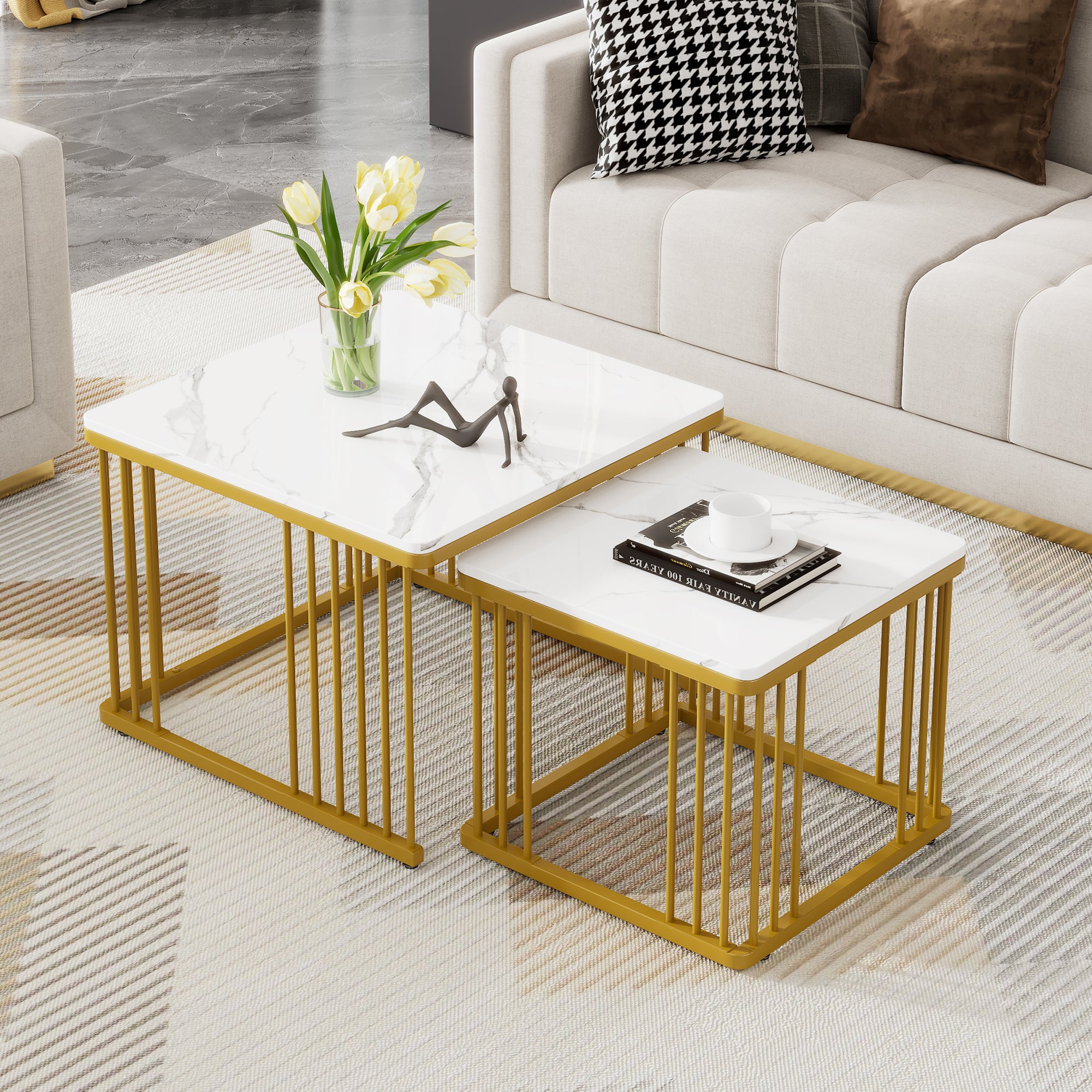 Zestaw 2 kwadratowych stolików kawowych - 60 x 60 x 45 cm + 45 x 45 x 40 cm - Płyta MDF - Efekt marmuru - Biały
