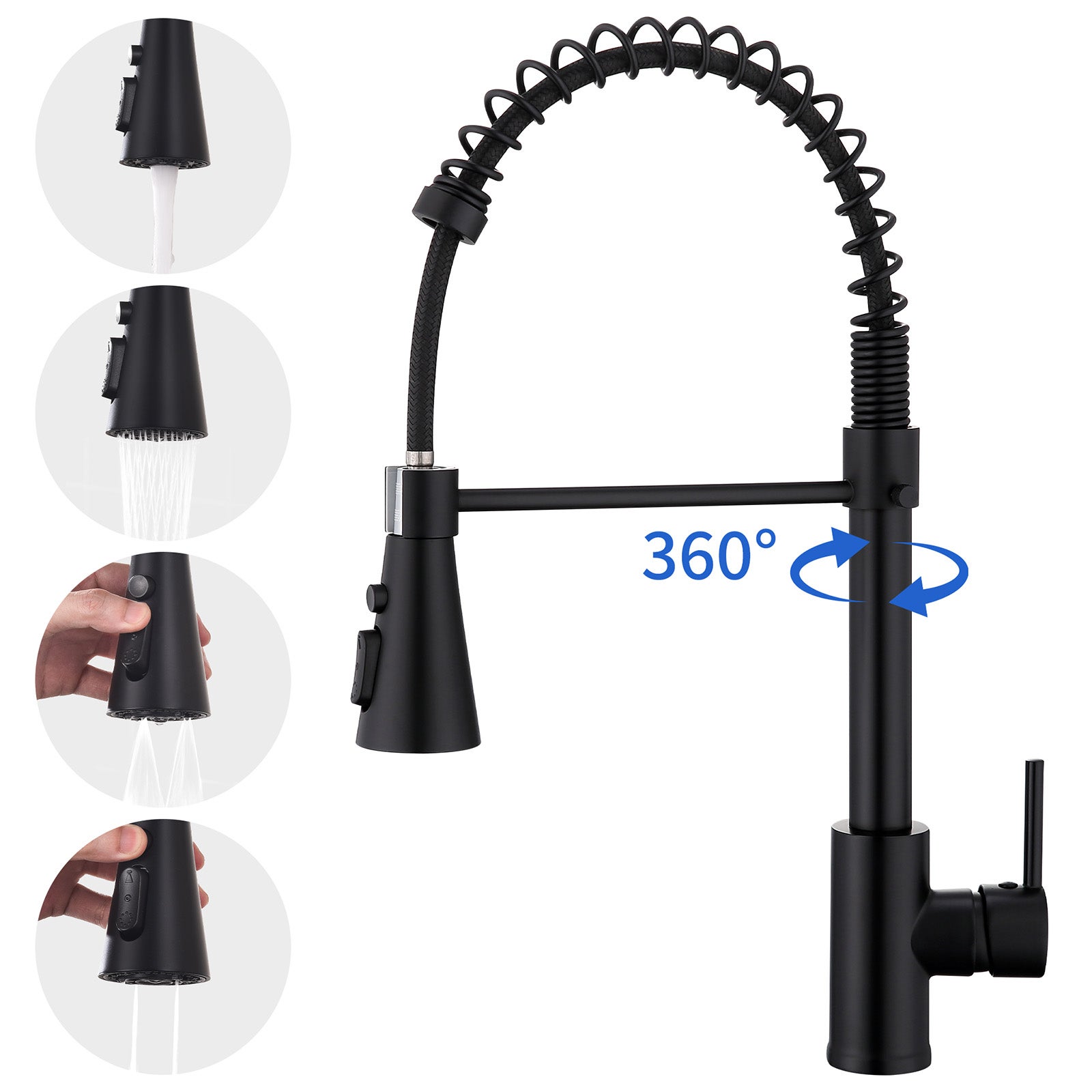 Bateria kuchenna z wyciąganą wylewką, bateria kuchenna z mechanizmem sprężynowym, obrotowa o 360°, 4 rodzaje strumienia do wyboru